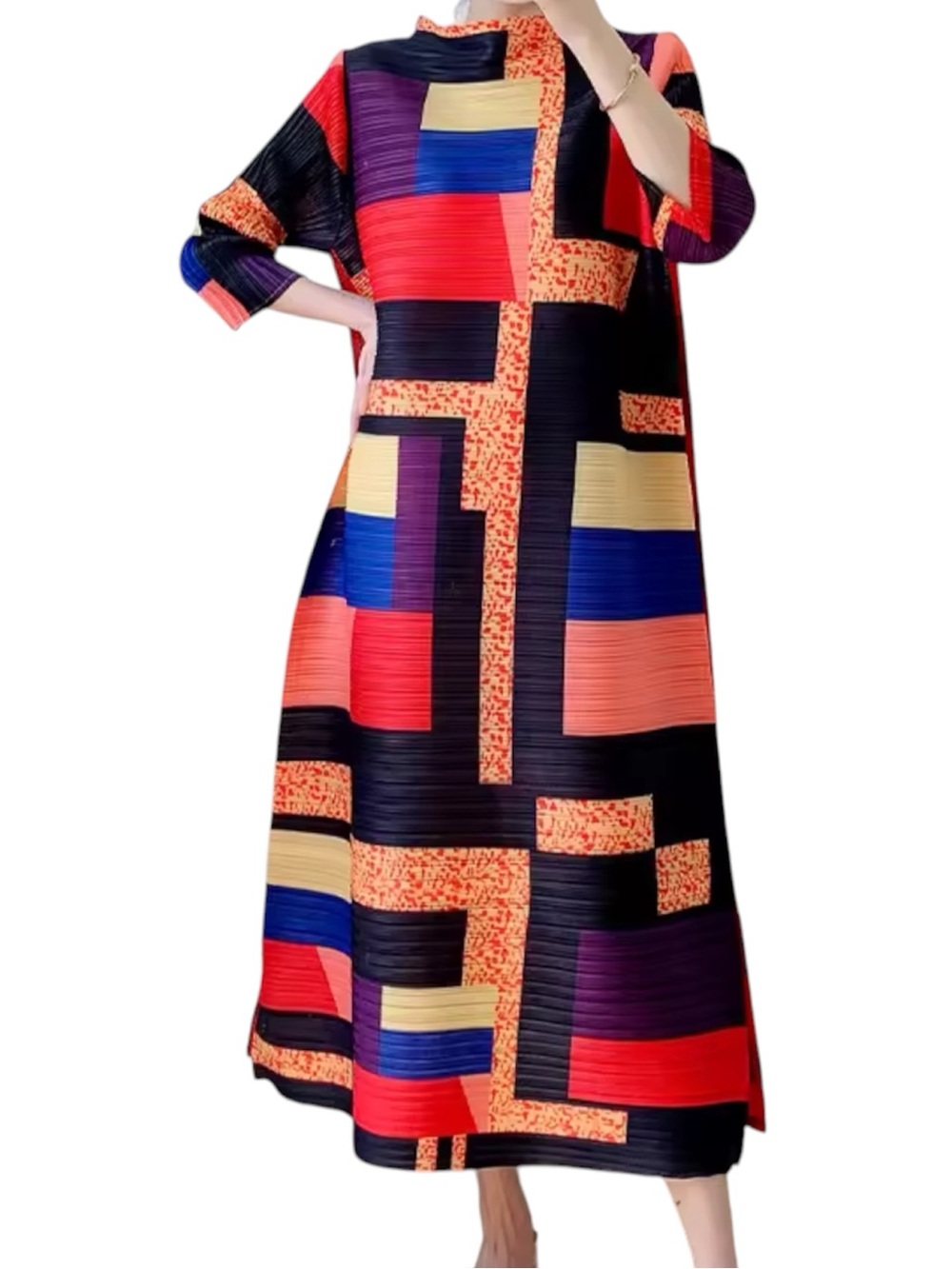 NWT Kelly Obi Pleated Midi Dress Multicolored Abstract Geometric Print Sz Large